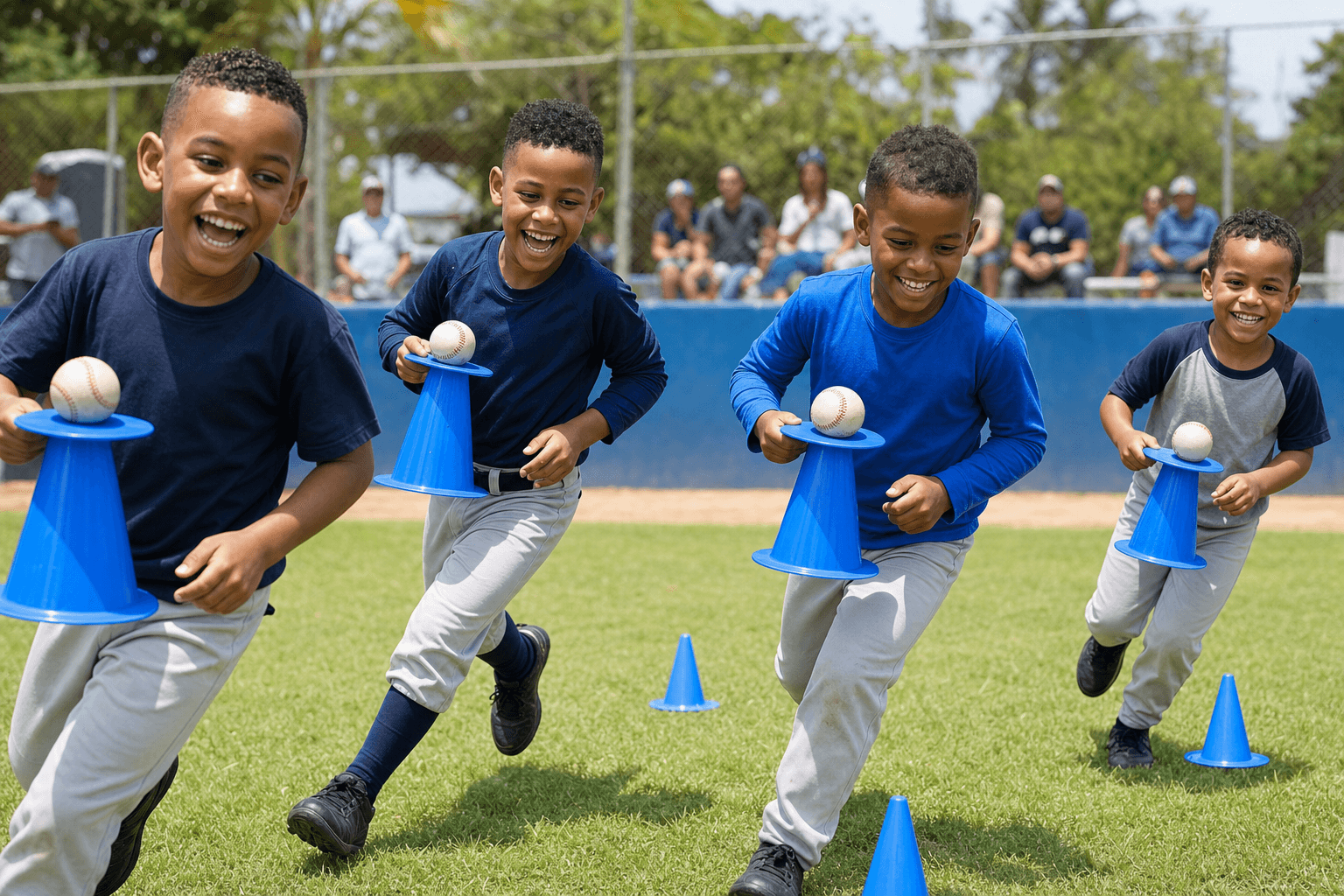 Niños participando en un relevo recreativo con pelotas y conos