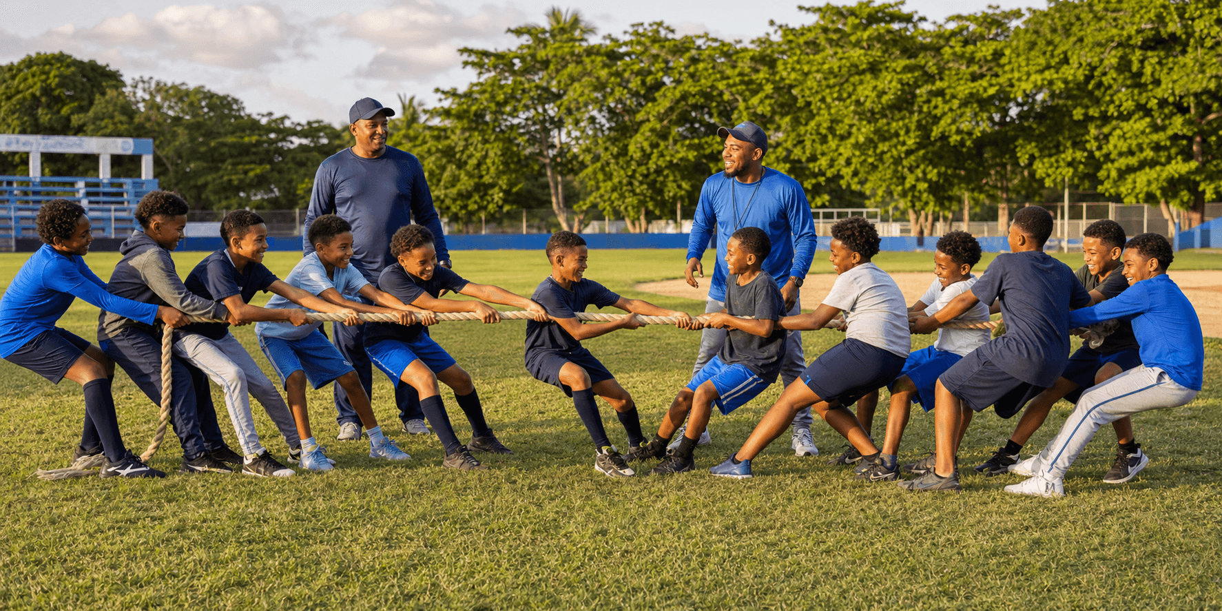 Peloteros de diferentes edades participando en un juego de equipo