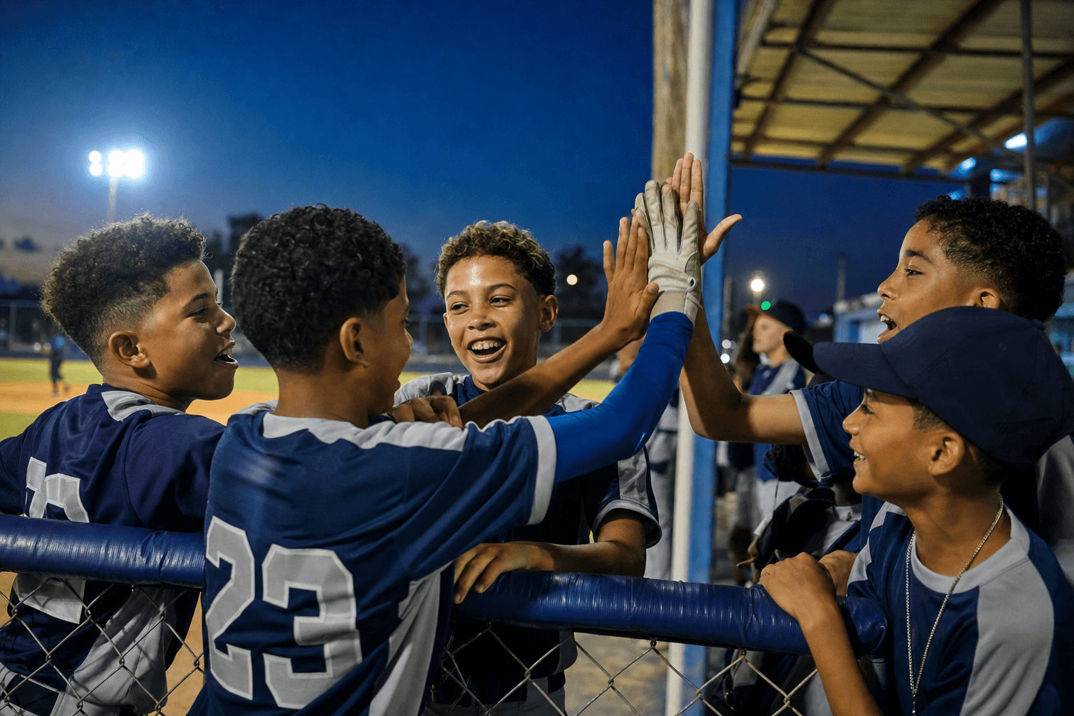Peloteros juveniles celebrando juntos en el dugout