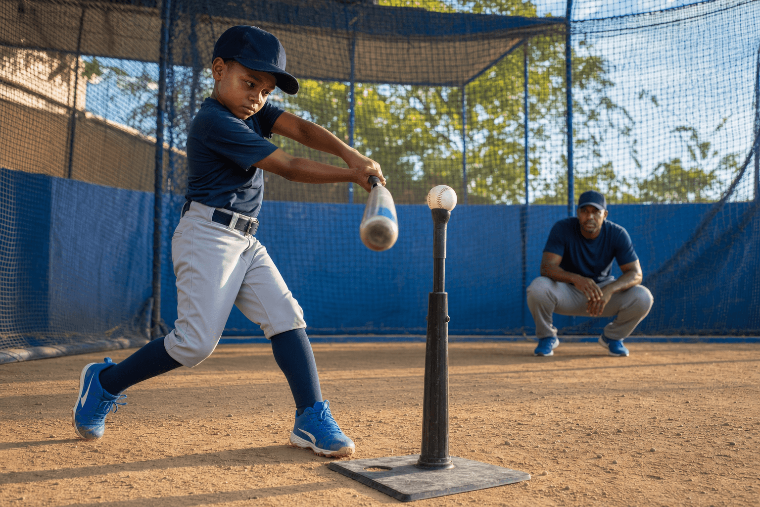 Niño practicando bateo desde un tee durante un entrenamiento