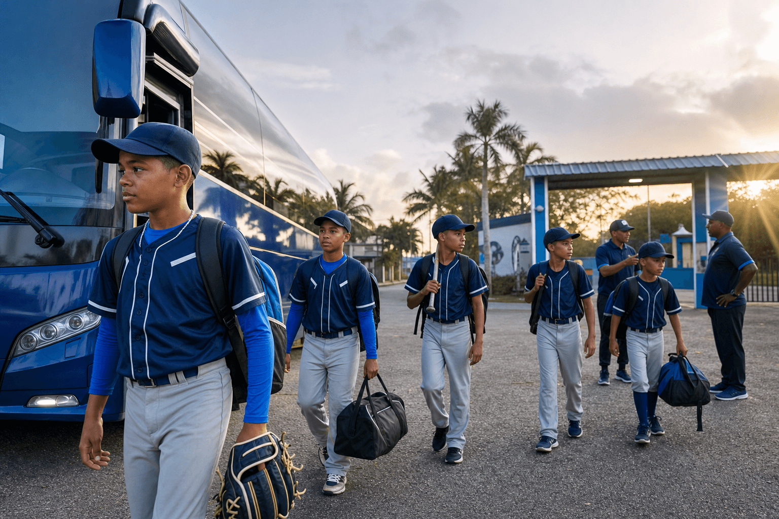 Equipo juvenil llegando en autobús a un complejo de béisbol