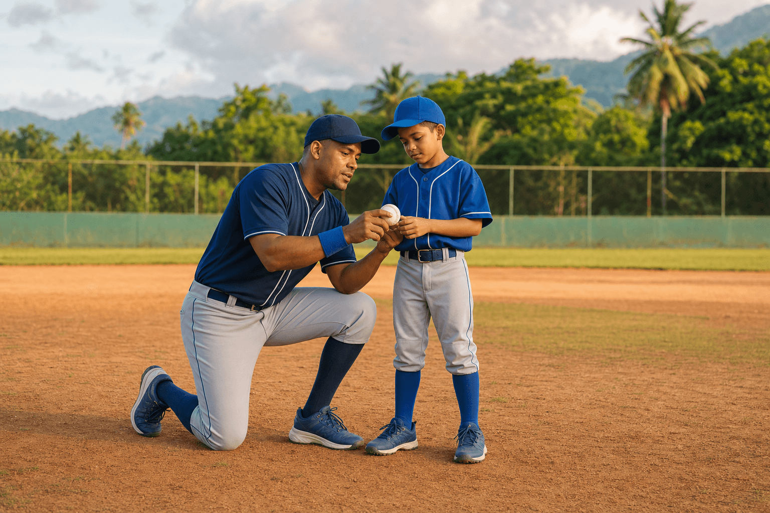 Entrenador orientando a un niño durante una práctica de béisbol