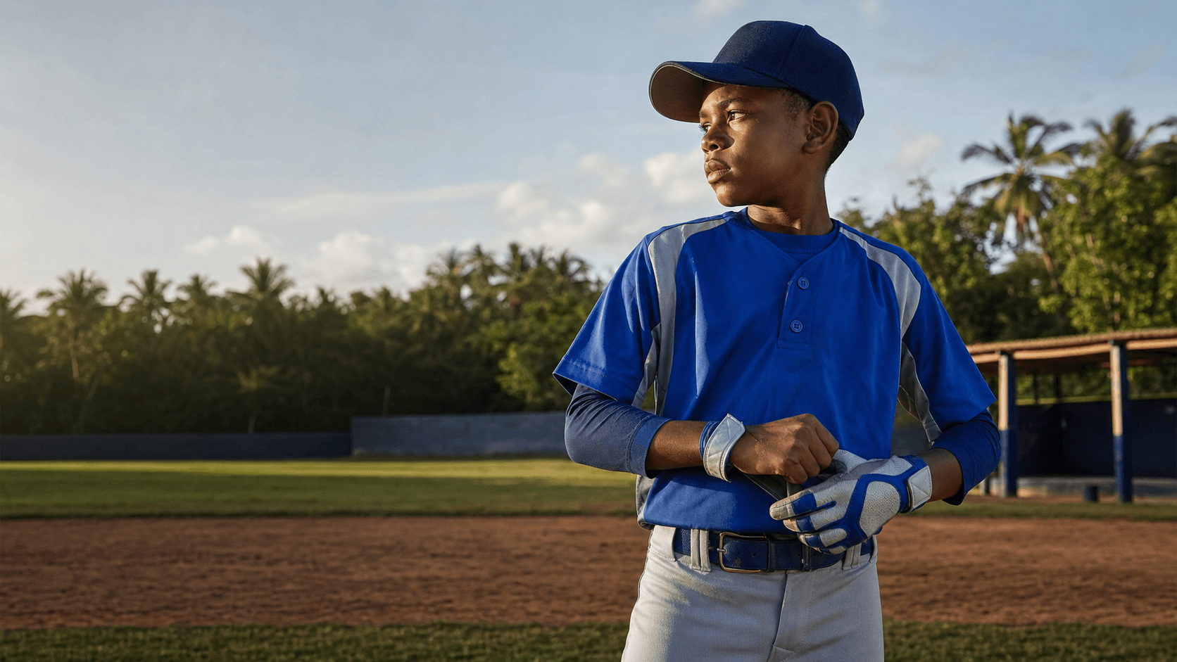 Joven pelotero dominicano preparándose para batear en un play local